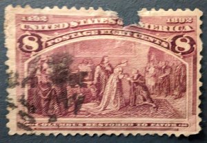 US 236, 1893 Columbus, Cat. value - $10.00,  rare stamp priced for damage