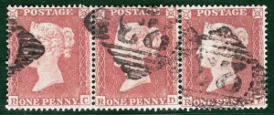 GB QV IRELAND Penny Red STRIP SG.17 1d Plate 174 (RC-RE) ANTRIM Numerals RBR16