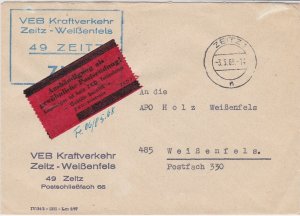 Germany DDR Z K D 1968 Central Courier Zeitz 1 Cancel Stamps Cover Ref 24404