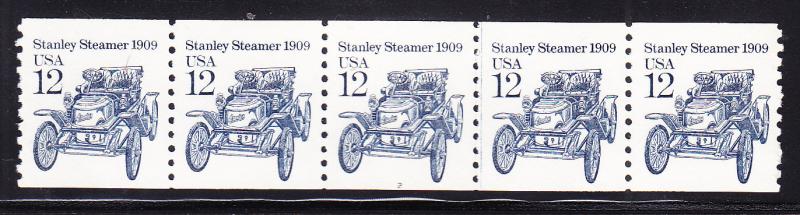 Plate Number Coil Strip of 5.  12cent Stanley Steamer Plate Nr.2  VF/NH