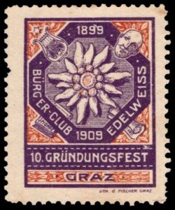 1909 Germany Poster Stamp 10th Founding Celebration Graz Citizens Club Edelweiss