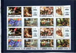 AJMAN 1971 ANIMAL PAINTINGS 2 SHEETS OF 8 STAMPS  PERF. & IMPERF. MNH