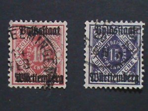 ​GERMANY-WURTTEMBERG 1875-1900 OVER 100 YEARS OLD-2 OFFICIAL USED STAMPS VF