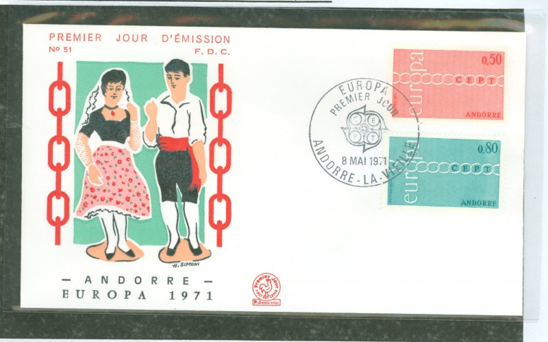 Andorra (French) 205-206 1971 europa set of 2 on cacheted, unaddressed first day cover