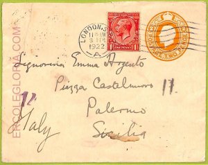 ad5636 - GB - POSTAL HISTORY - STATIONERY COVER to Palermo ITALY 1922-