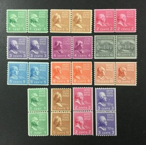 U.S. stamps, #839-851, 1939 Presidential Coil Line Pairs set of 13. FVF, MNH. 