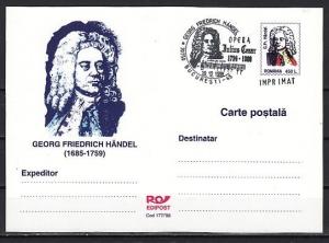 Romania, DEC/99. Composer G. Handel, 20/DEC/99 Cancel.& Cachet. Postal Card.