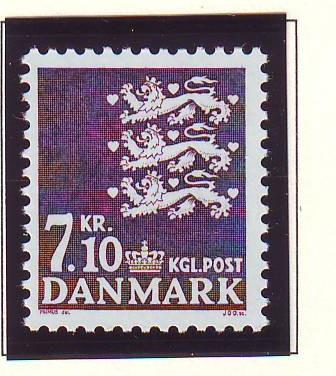 Denmark Sc 807 1988 7.10 kr  brown violet 3 lions stamp mint NH