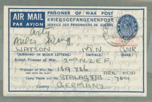 New Zealand  1944 6d/11- P. O. W. Aerogramme, Sent from Leeston to Stalag XI B, Located east of Rallingbostel in Lower Saxony