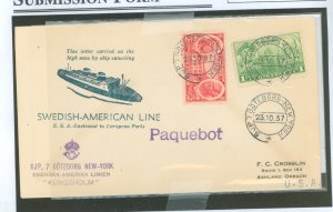 US  Paquebot markings on swedish-amer. line kungsholm goteborg-new york cancel.