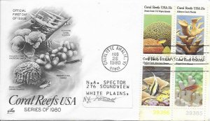 1980 FDC, #1830a, 15c Coral Reefs USA, Art Craft, plate block of 4