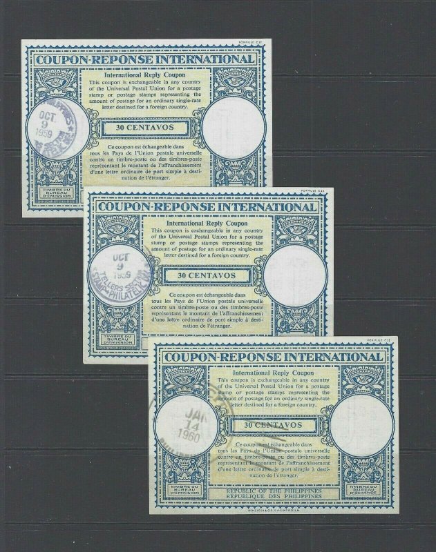 JASTAMPS: 3 INTERNATIONAL RESPONSE COUPONS USED PHILIPPINES 30 CENTAVOS