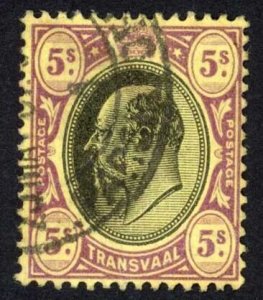 Transvaal 1902 SG.254 5s black and purple on yellow wmk Crown CA used c 50 poun