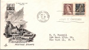 Canada 1954 FDC - 1c/4c Stamp - Canadian Postage Stamps - Ottawa, Ont - F78809