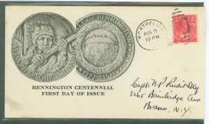 US 643 1927 2c Battle of Bennington (150th anniversary) on an addressed first day cover with a Montpelier, VT duplex cancel and