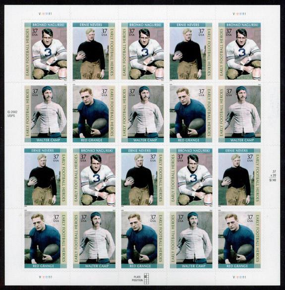 Sc 3808-11  37¢ Early Football Heroes Full Sheet, MNH