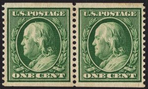 US #352 One Cent Green Franklin Coil Pair MINT HINGED SCV $250