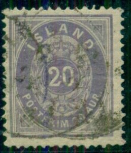 ICELAND #13 (14b) 20aur DARK VIOLET, F/VF, scarce shade used Facit $960.00