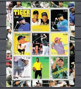 Buriatia, 2001 Russian Local. Golfer Tiger Woods sheet of 9. ^