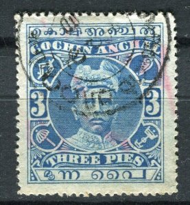 INDIA; COCHIN early 1900s issue fine used 3p. value, nice POSTMARK