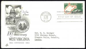 USA Sc# 1232 (ArtCraft) FDC (b) Wheeling, WV 1963 West Virginia Statehood 100th