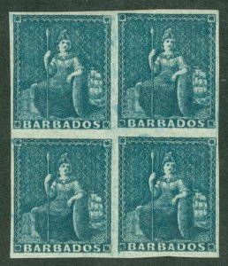 SG 10 Barbados 1d deep blue. A fine fresh lightly mounted mint block of 4...