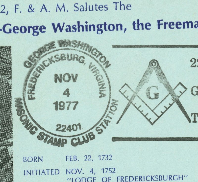 George Washington The Mason Fredericksburg Lodge 225th Anniversary 1977 Cover US