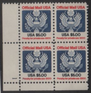 O133 $5.00 Official 1 LL Plate Block