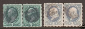 US Sc 147, 156 used 1870-73, 3c green & 1c u;ltra horiz pairs, sound, F-VF