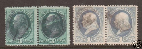 US Sc 147, 156 used 1870-73, 3c green & 1c u;ltra horiz pairs, sound, F-VF