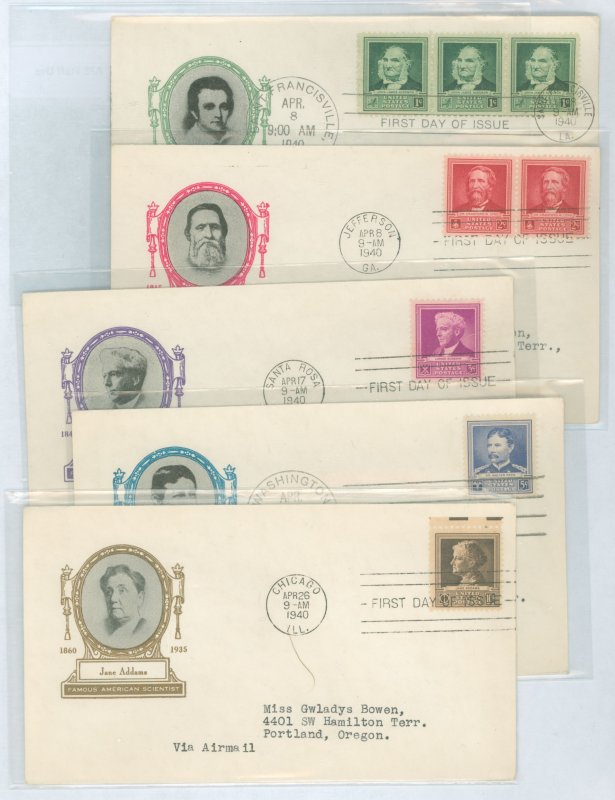 US 874-878 1940 Scientist (part of the famous American series) set of 5 on 5 addressed (typed) FDC's with matching loor ...