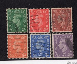 Great Britain 1941-42 Set of 6 George VI, Scott 258-263 used, value = $2.65