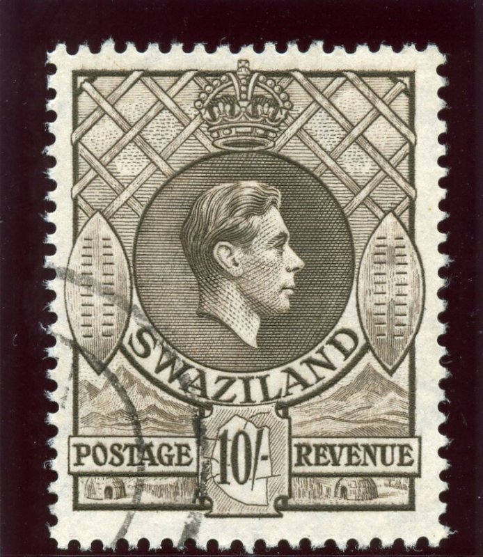 Swaziland 1947 KGVI 10s greyish sepia (p13½x14) very fine used. SG 38a var. 