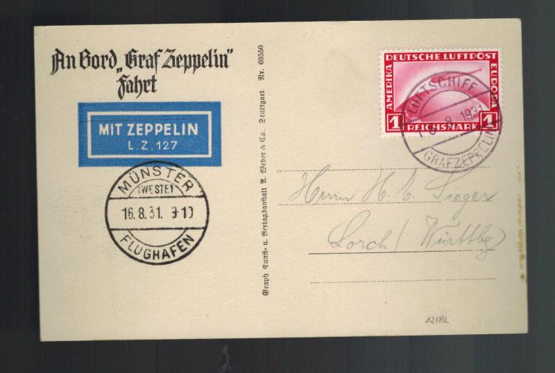 1931 Germany Graf Zeppelin RPPC postcard Cover to USA LZ 127 # C35 Munster Flt