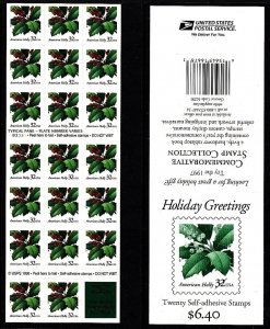 1997 Christmas Holly 32c Sc 3177a MINT booklet of 20 plate number B3333