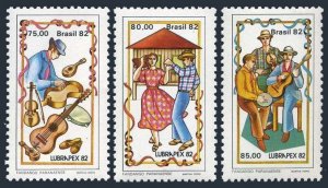 Brazil 1820-1822a, MNH. Mi 1924-1926, Bl.52. LUBRAPEX-1982. Dancers, Musicians,