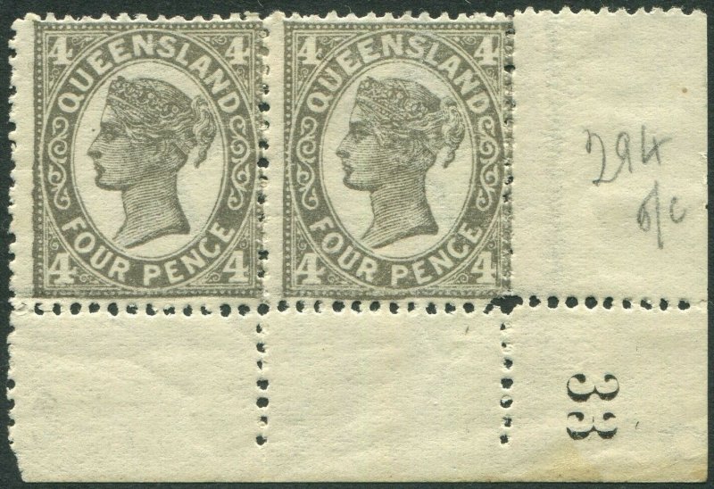 QUEENSLAND-1909 4d Grey-Black Die I.  A mounted mint corner marginal pair Sg 294