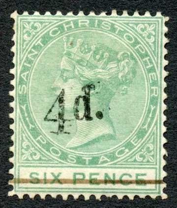 St Christopher 1886 4d on 6d green SG25 mint cat 60 pounds 