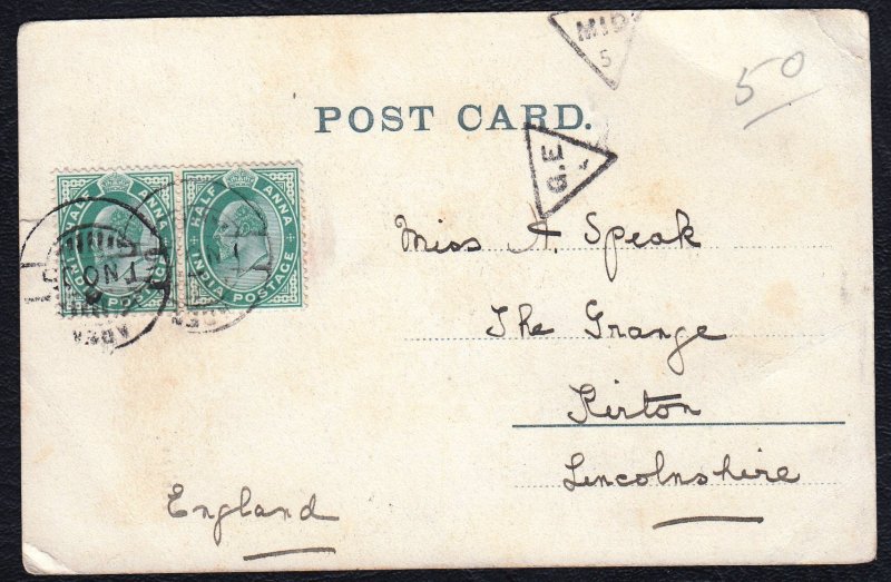 India used in Aden 1905 KEVII Picture Postcard to England