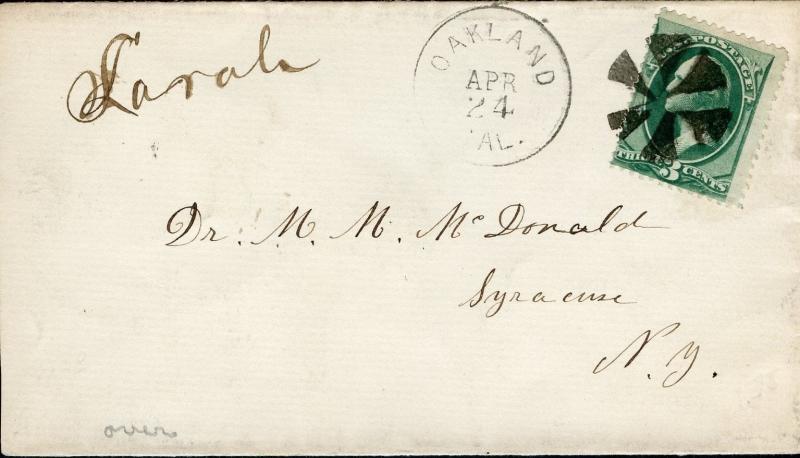 US OAKLAND, CA 4/24/1879 TO SYRACUSE, NY 5/1 BACKSTAMPED 3C RATE MUTE CANCEL