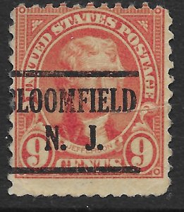 US #641 Used.   Jefferson - orange red. Precanceled