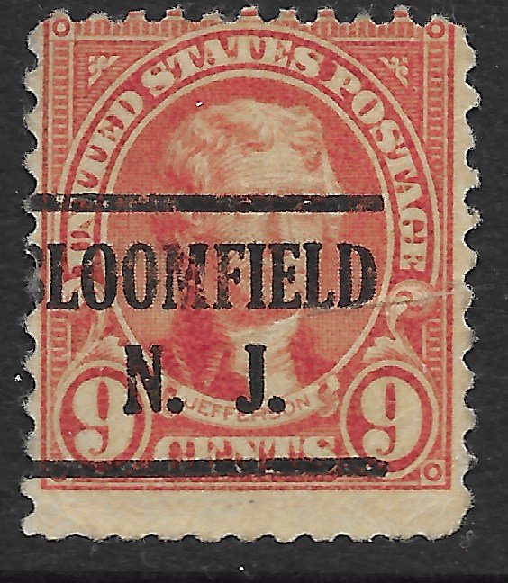 US #641 Used.   Jefferson - orange red. Precanceled