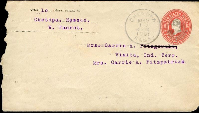 US CHETOPA, KS 5/10/1901 STATIONERY COVER TO VINITA, INDIAN TERRITORY AS SHOWN