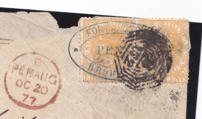 MALAYA STRAITS 1867 8C PAIR PENANG TO UK.RARE B172 POSTMARK MOVE FROM SINGAPORE