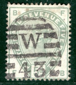 GB QV Stamp SG.189 5d Green (1884) London *W/43* Numeral Used Cat £210- XRED38