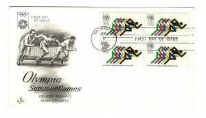 1462 15c Sprinter 1972 Summer Olympic Games ArtCraft block of 4 FDC