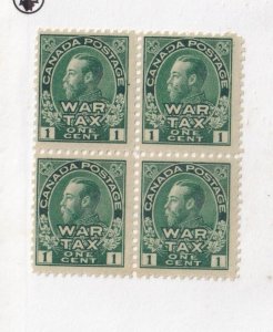 CANADA # MR1 VF- MNH BLOCK OF 4 2cts KGV WAR TAX GREEN CAT VALUE $420 KIMSS30