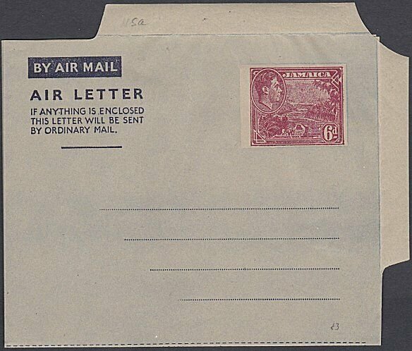 JAMAICA GVI 6d aerogramme unused - 1953 issue - 3 line warning..............K476