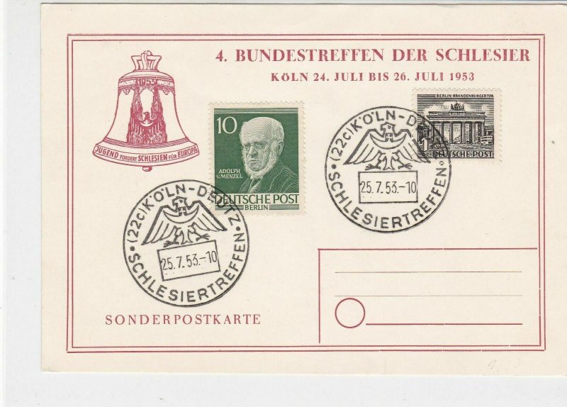 Berlin 1953 Koln Eagle Slogan Cancels Special Stamps Card Ref 26082