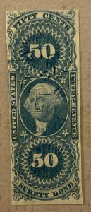 US R63a - 1862-71 50c Internal Revenue Stamp - Surety Bond, imperf, blue, Used